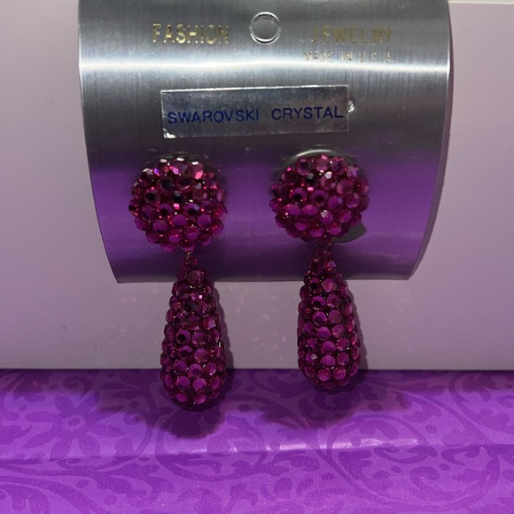 Bridal, Prom, Wedding Pave Fuchsia Swarovski Crystal Teardrop Clip-on Earrings - Picture 4 of 7